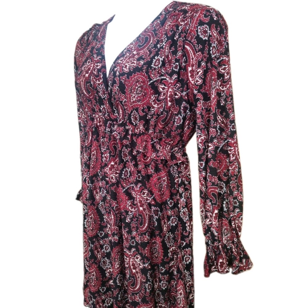 NWT Michael Michael Kors Black Maroon Paisley Faux Wrap Ruffle Sleeves Dress L - Picture 3 of 7